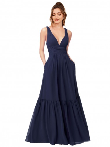 Fábrica de Costas em V Chiffon Decote V Comprimento Chão Sem Mangas Vestidos Formais / Vestidos de Madrinha