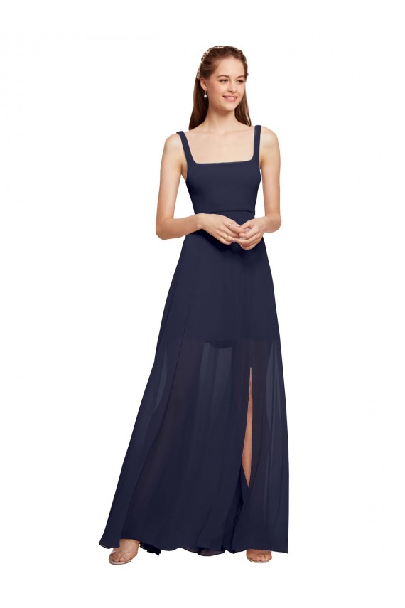 Fábrica de Chiffon Alças finas Comprimento Chão Sem Mangas Marinha Negra Vestidos de Madrinha