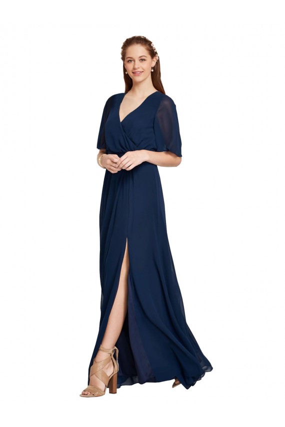 Fábrica de Chiffon Decote V Comprimento Chão Mangas Esvoaçantes Longo Vestidos de Madrinha