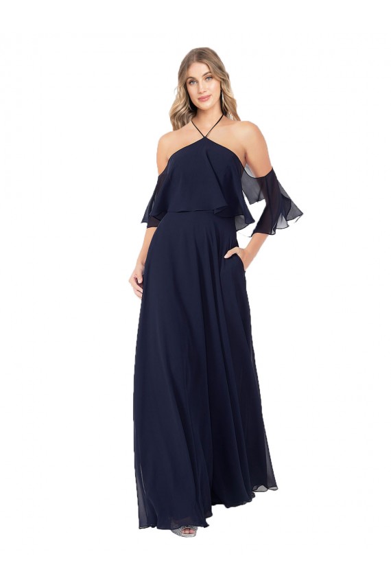 Fábrica de Chiffon Cabeçada Comprimento Chão Ombro Frio, Mangas Esvoaçantes Vestidos de Madrinha