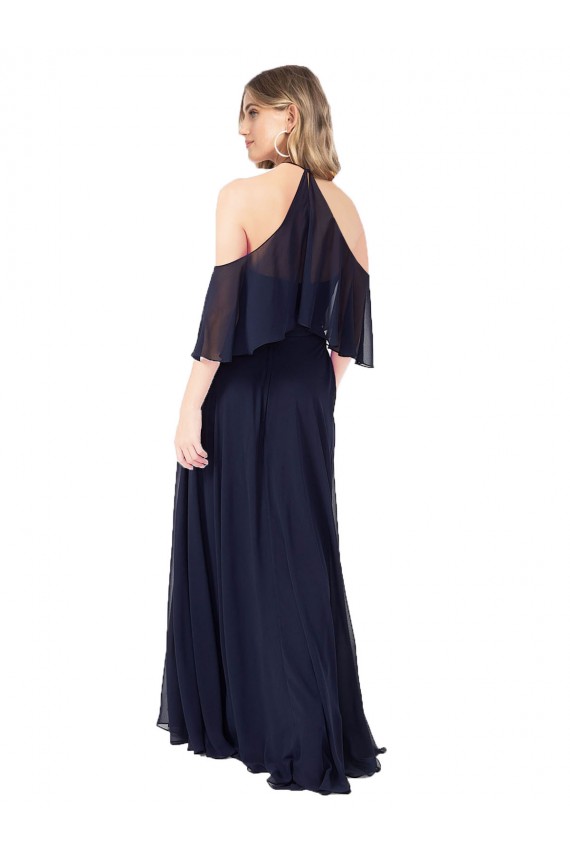 Fábrica de Chiffon Cabeçada Comprimento Chão Ombro Frio, Mangas Esvoaçantes Vestidos de Madrinha