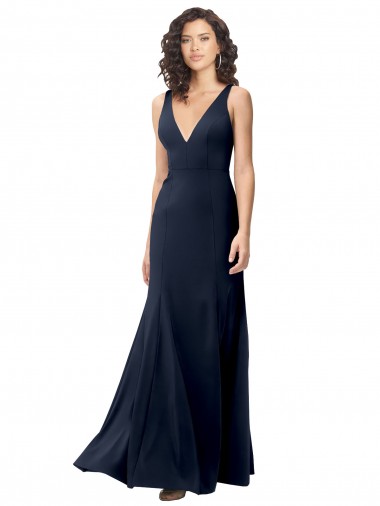 Fábrica de Costas em V Crepe Esticado Decote V Comprimento Chão Sem Mangas Marinha Negra Longo Vestidos de Madrinha / Vestidos de Noite / Vestidos de Festa