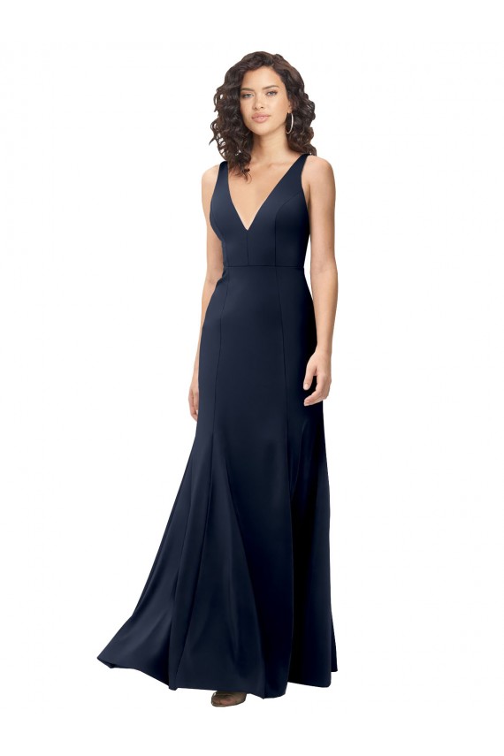 Fábrica de Costas em V Crepe Esticado Decote V Comprimento Chão Sem Mangas Marinha Negra Longo Vestidos de Madrinha / Vestidos de Noite / Vestidos de Festa