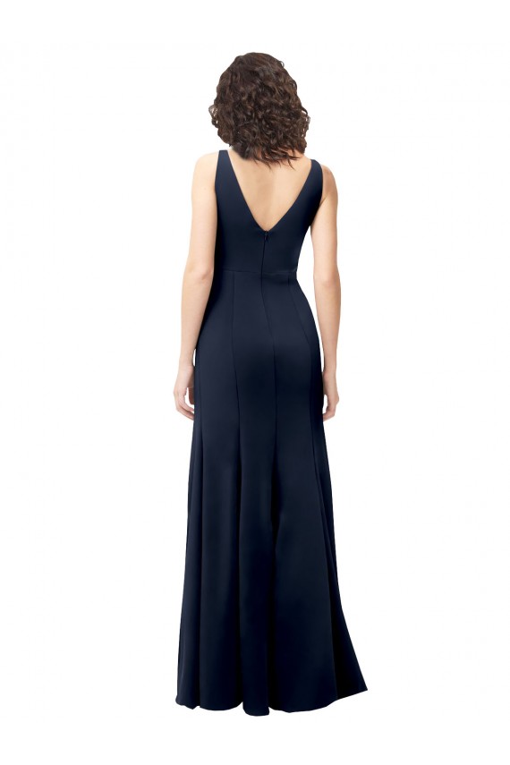 Fábrica de Costas em V Crepe Esticado Decote V Comprimento Chão Sem Mangas Marinha Negra Longo Vestidos de Madrinha / Vestidos de Noite / Vestidos de Festa