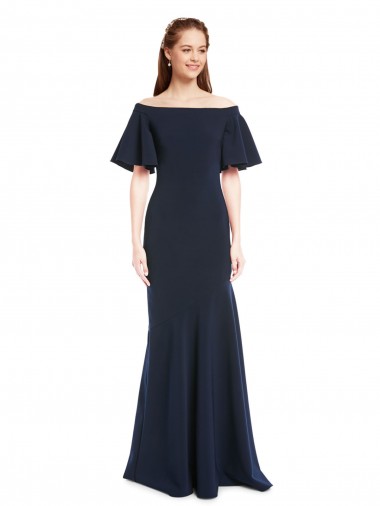 Fábrica de Crepe Esticado Fora do Ombro Comprimento Chão Mangas Curtas Vestidos de Madrinha / Vestidos de Noite