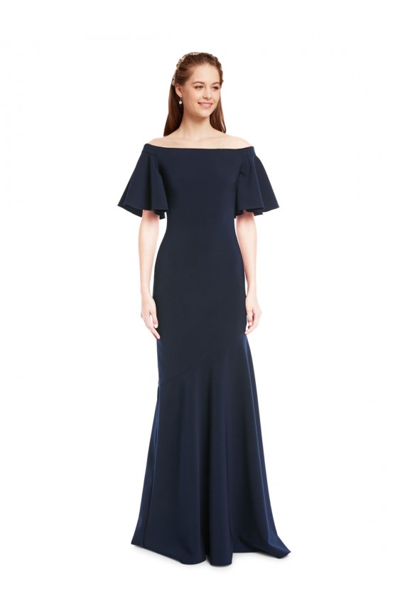 Fábrica de Crepe Esticado Fora do Ombro Comprimento Chão Mangas Curtas Vestidos de Madrinha / Vestidos de Noite