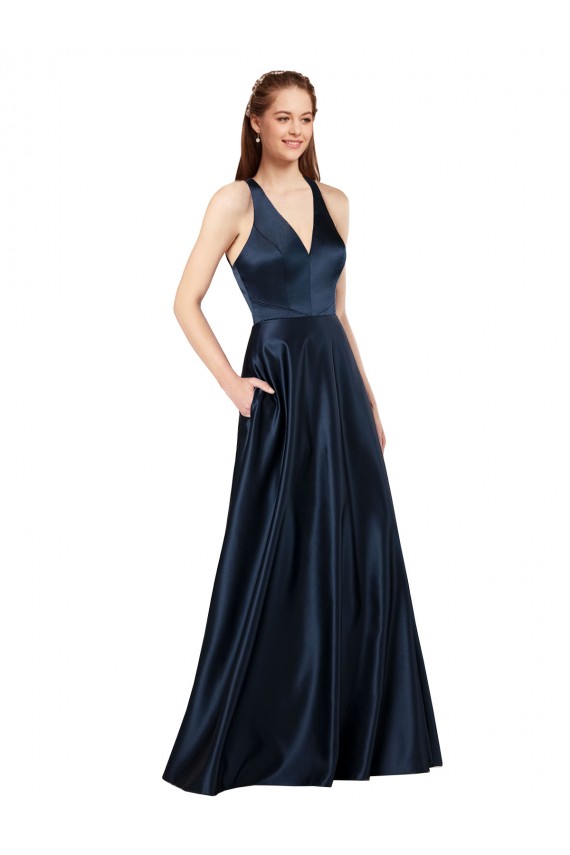 Fábrica de Buraco da fechadura Cetim Decote V Comprimento Chão Sem Mangas Vestidos de Madrinha / Vestidos de Noite / Vestidos de Festa