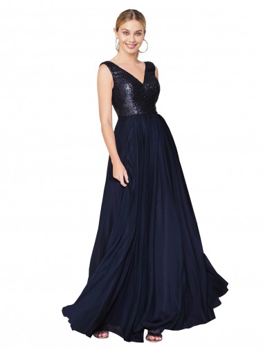 Fábrica de Costas em V Chiffon & Lantejoulas Decote V Comprimento Chão Sem Mangas Vestidos de Madrinha / Vestidos de Festa