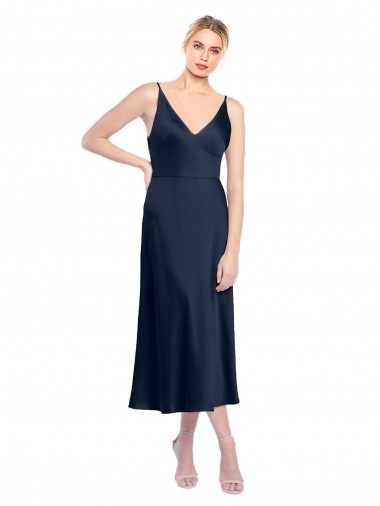 Fábrica de Costas em V Cetim Elástico Decote V Comprimento Midi Sem Mangas Vestidos de Madrinha / Vestidos de Noite / Vestidos de Festa