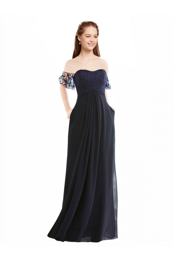 Fábrica de Chiffon & Renda Fora do Ombro Comprimento Chão Mangas Curtas Vestidos de Madrinha
