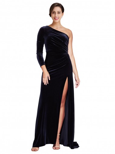 Fábrica de Veludo Elástico Um Ombro Comboio Varredela Mangas Compridas Vestidos de Madrinha / Vestidos de Noite / Vestidos de Festa