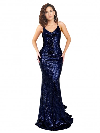 Fábrica de Criss Cruz Lantejoulas Decote V Comprimento Chão Sem Mangas Sereia Vestidos de Madrinha / Vestidos de Noite / Vestidos de Festa