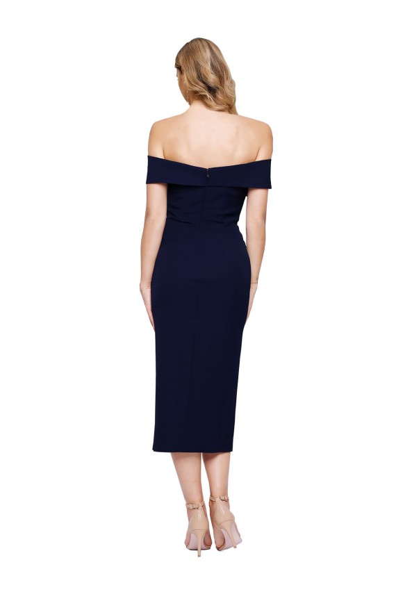 Fábrica de Crepe Esticado Fora do Ombro Comprimento Midi Sem Mangas Vestidos de Madrinha / Vestidos de Noite / Vestidos de Festa