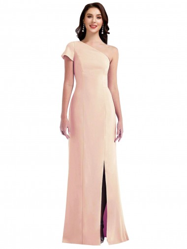 Fábrica de Crepe Esticado Um Ombro Comprimento Chão Mangas Curtas Vestidos de Madrinha / Vestidos de Noite / Vestidos de Festa