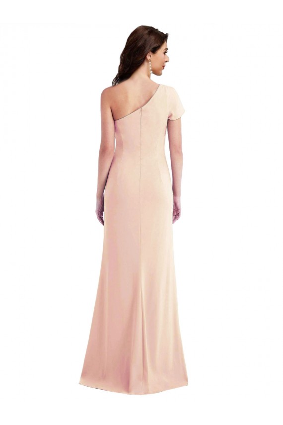 Fábrica de Crepe Esticado Um Ombro Comprimento Chão Mangas Curtas Vestidos de Madrinha / Vestidos de Noite / Vestidos de Festa