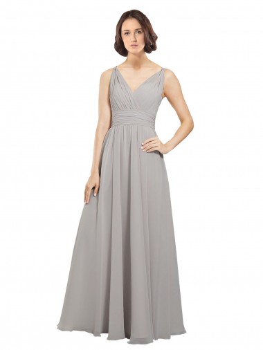 Fábrica de Costas em V Chiffon Decote V Comprimento Chão Sem Mangas Ostra Prata Vestidos de Madrinha