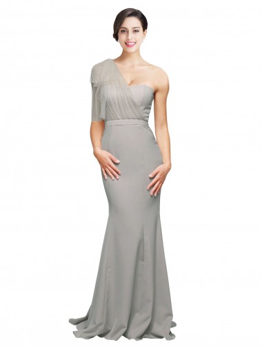 Fábrica de Lombar Crepe Esticado & Tule Um Ombro Comboio Varredela Sem Mangas Vestidos de Madrinha / Vestidos de Noite / Vestidos de Festa