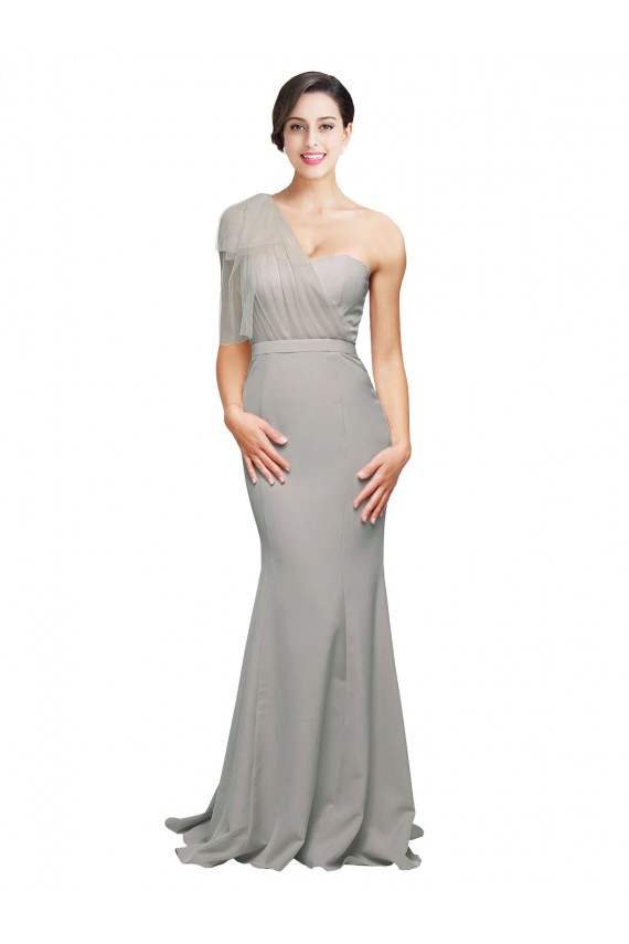 Fábrica de Lombar Crepe Esticado & Tule Um Ombro Comboio Varredela Sem Mangas Vestidos de Madrinha / Vestidos de Noite / Vestidos de Festa