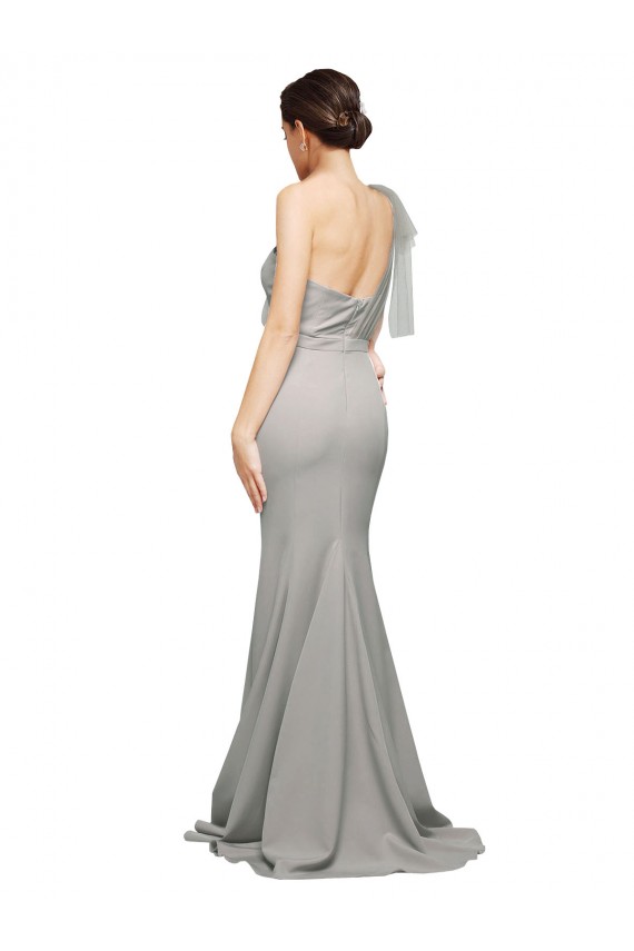 Fábrica de Lombar Crepe Esticado & Tule Um Ombro Comboio Varredela Sem Mangas Vestidos de Madrinha / Vestidos de Noite / Vestidos de Festa
