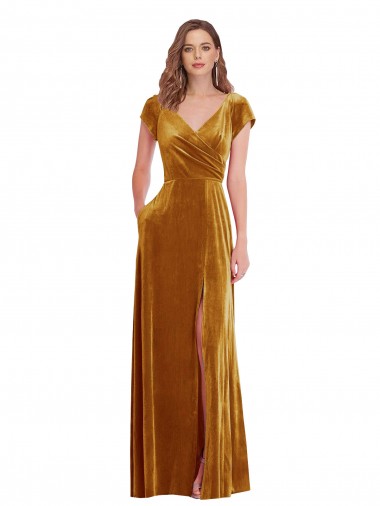 Fábrica de Veludo Elástico Decote V Comprimento Chão Mangas Curtas Vestidos de Madrinha / Vestidos de Noite / Vestidos de Festa