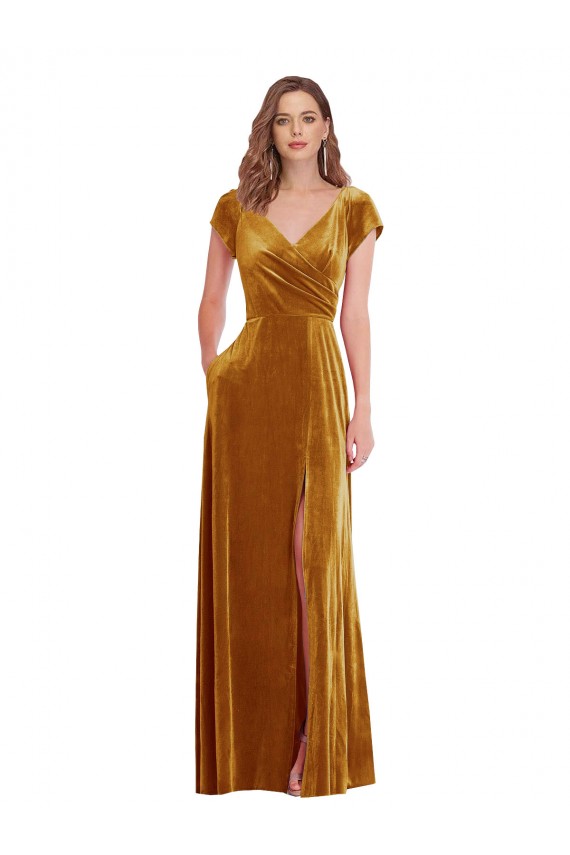 Fábrica de Veludo Elástico Decote V Comprimento Chão Mangas Curtas Vestidos de Madrinha / Vestidos de Noite / Vestidos de Festa