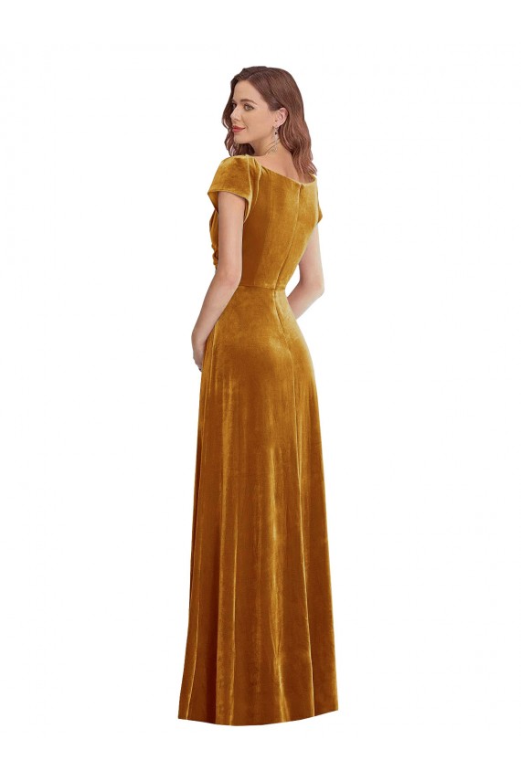 Fábrica de Veludo Elástico Decote V Comprimento Chão Mangas Curtas Vestidos de Madrinha / Vestidos de Noite / Vestidos de Festa