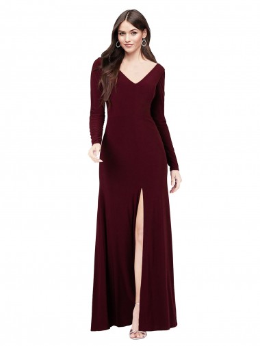 Fábrica de Costas em V Spandex Decote V Comprimento Chão Mangas Compridas Vestidos de Madrinha / Vestidos de Festa
