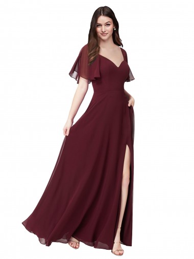 Fábrica de Buraco da fechadura Chiffon Amor Comprimento Chão Mangas Esvoaçantes, Mangas Curtas Vestidos de Madrinha