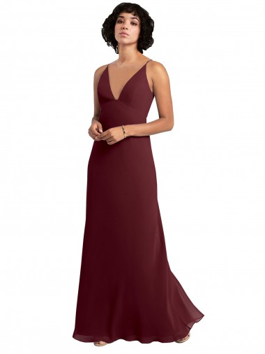 Fábrica de Costas em V Chiffon Decote V Comprimento Chão Sem Mangas Ouro Borgonha Vestidos de Madrinha