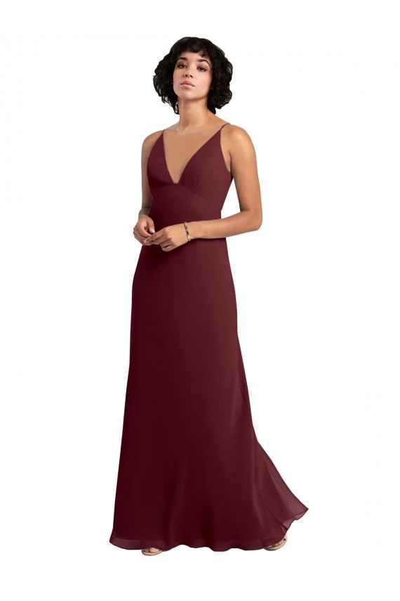 Fábrica de Costas em V Chiffon Decote V Comprimento Chão Sem Mangas Ouro Borgonha Vestidos de Madrinha