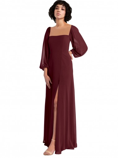 Fábrica de Chiffon Decote Quadrado Comprimento Chão Mangas Compridas Vestidos de Madrinha