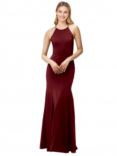 Fábrica de Criss Cruz Crepe Esticado Cabeçada Comprimento Chão Sem Mangas Sereia Vestidos de Madrinha / Vestidos de Noite / Vestidos de Festa