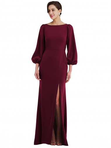 Fábrica de Abrir de volta Crepe Esticado Barco Comprimento Chão Mangas Compridas, Mangas Bispo Vestidos de Madrinha / Vestidos de Noite / Vestidos de Festa