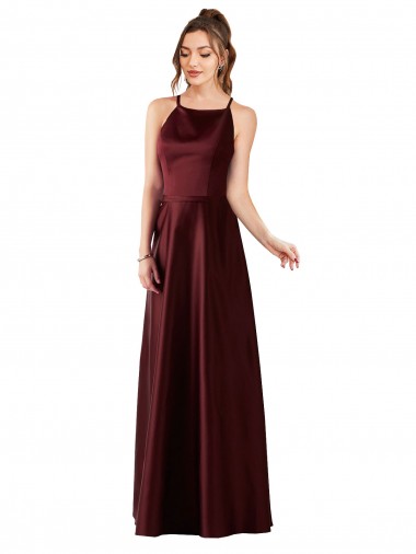 Fábrica de Cetim Cabeçada Comprimento Chão Sem Mangas Vestidos de Madrinha / Vestidos de Festa