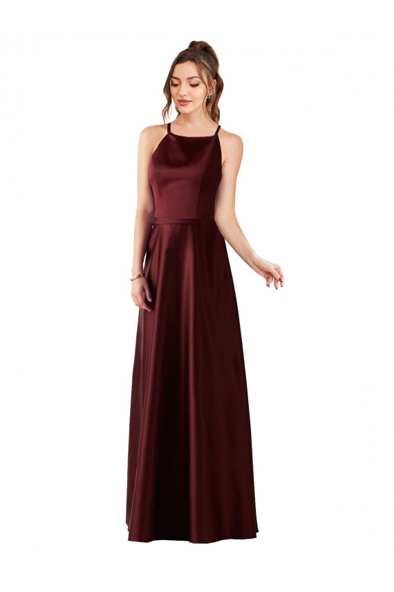 Fábrica de Cetim Cabeçada Comprimento Chão Sem Mangas Vestidos de Madrinha / Vestidos de Festa