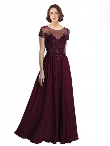 Fábrica de Tule & Chiffon Decote Joia Comprimento Chão Mangas Curtas Vestidos de Madrinha