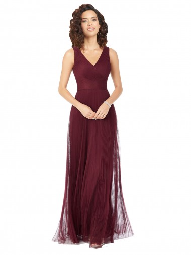 Fábrica de Tule Decote V Comprimento Chão Sem Mangas Longo Vestidos de Madrinha