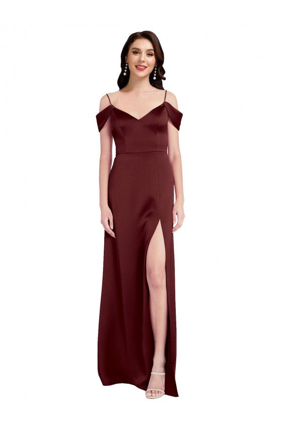 Fábrica de Cetim Elástico Fora do Ombro Comprimento Chão Sem Mangas Vestidos de Madrinha / Vestidos de Noite / Vestidos de Festa