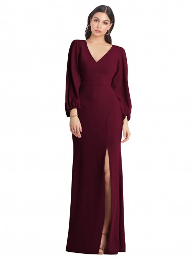 Fábrica de Crepe Esticado Decote V Comprimento Chão Mangas Bufantes Vestidos de Madrinha / Vestidos de Festa