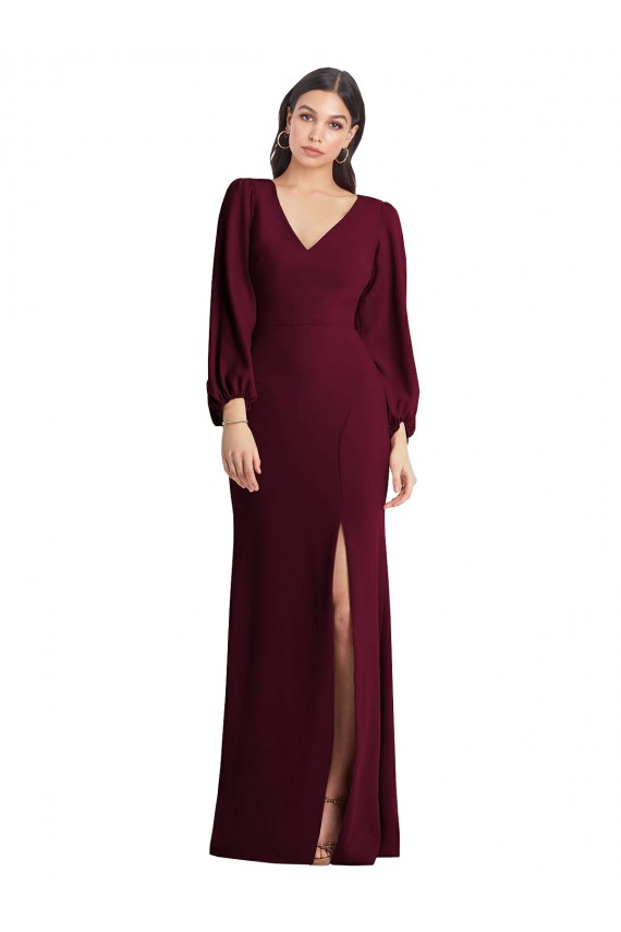 Fábrica de Crepe Esticado Decote V Comprimento Chão Mangas Bufantes Vestidos de Madrinha / Vestidos de Festa
