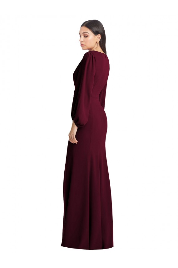 Fábrica de Crepe Esticado Decote V Comprimento Chão Mangas Bufantes Vestidos de Madrinha / Vestidos de Festa