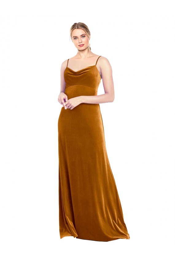 Fábrica de Veludo Elástico Alças finas Comprimento Chão Sem Mangas Vestidos de Madrinha / Vestidos de Festa