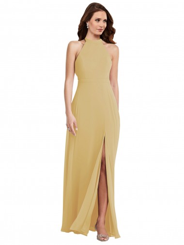 Fábrica de Criss Cruz Chiffon Cabeçada Comprimento Chão Sem Mangas Ouro Vestidos de Madrinha
