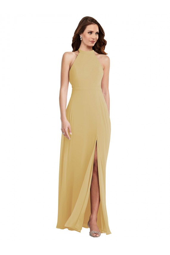 Fábrica de Criss Cruz Chiffon Cabeçada Comprimento Chão Sem Mangas Ouro Vestidos de Madrinha