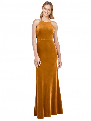 Fábrica de Criss Cruz Veludo Elástico Cabeçada Comprimento Chão Sem Mangas Vestidos de Madrinha / Vestidos de Noite / Vestidos de Festa