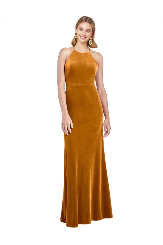 Fábrica de Criss Cruz Veludo Elástico Cabeçada Comprimento Chão Sem Mangas Vestidos de Madrinha / Vestidos de Noite / Vestidos de Festa