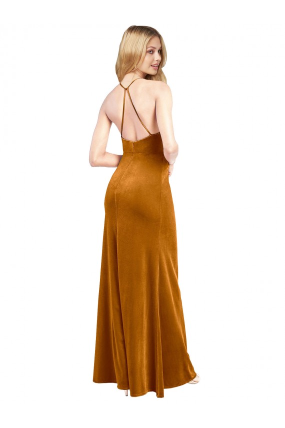 Fábrica de Criss Cruz Veludo Elástico Cabeçada Comprimento Chão Sem Mangas Vestidos de Madrinha / Vestidos de Noite / Vestidos de Festa