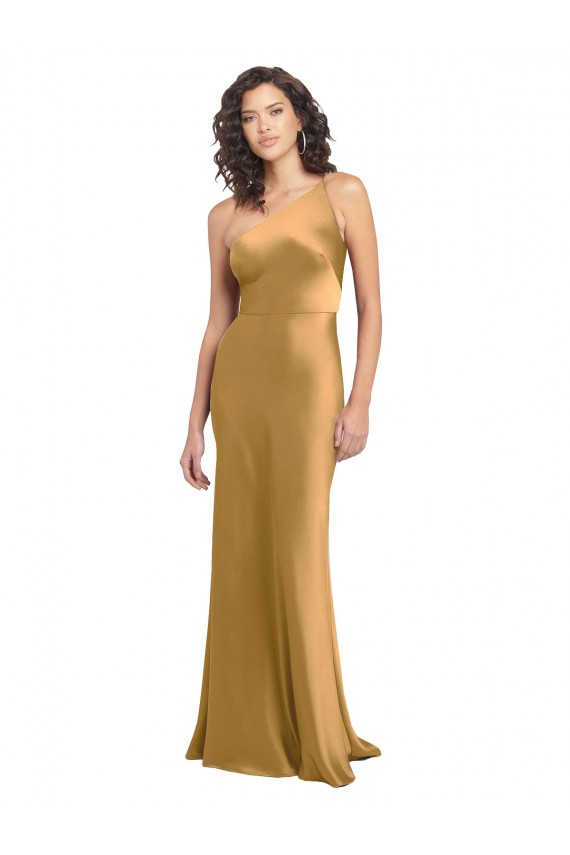 Fábrica de Cetim Elástico Um Ombro Comprimento Chão Sem Mangas Longo Vestidos de Madrinha / Vestidos de Noite / Vestidos de Festa