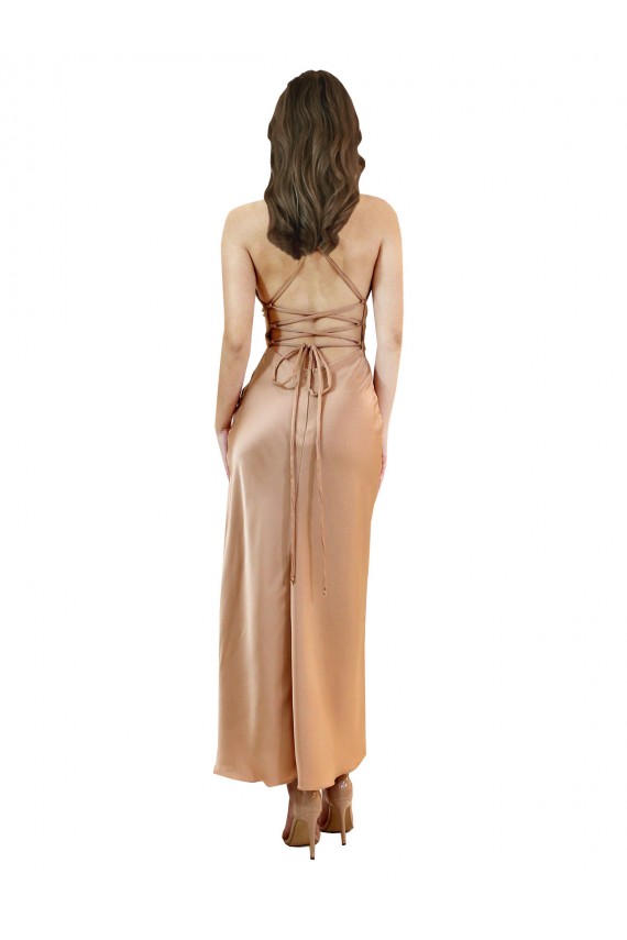Fábrica de Criss Cruz Cetim Sedoso Decote Capuz Comprimento Midi Sem Mangas Vestidos de Madrinha / Vestidos de Noite / Vestidos de Festa