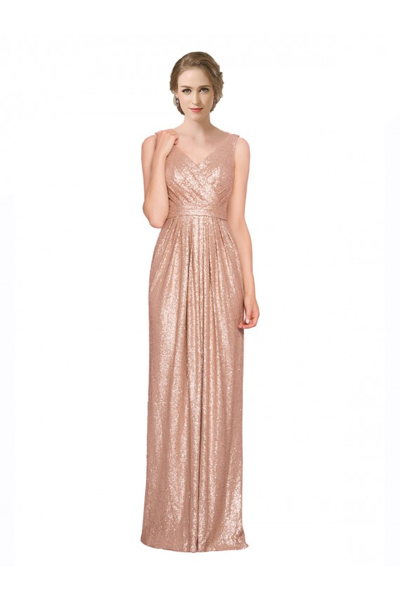 Fábrica de Lantejoulas Decote V Comprimento Chão Sem Mangas Longo Vestidos de Madrinha / Vestidos de Noite / Vestidos de Festa